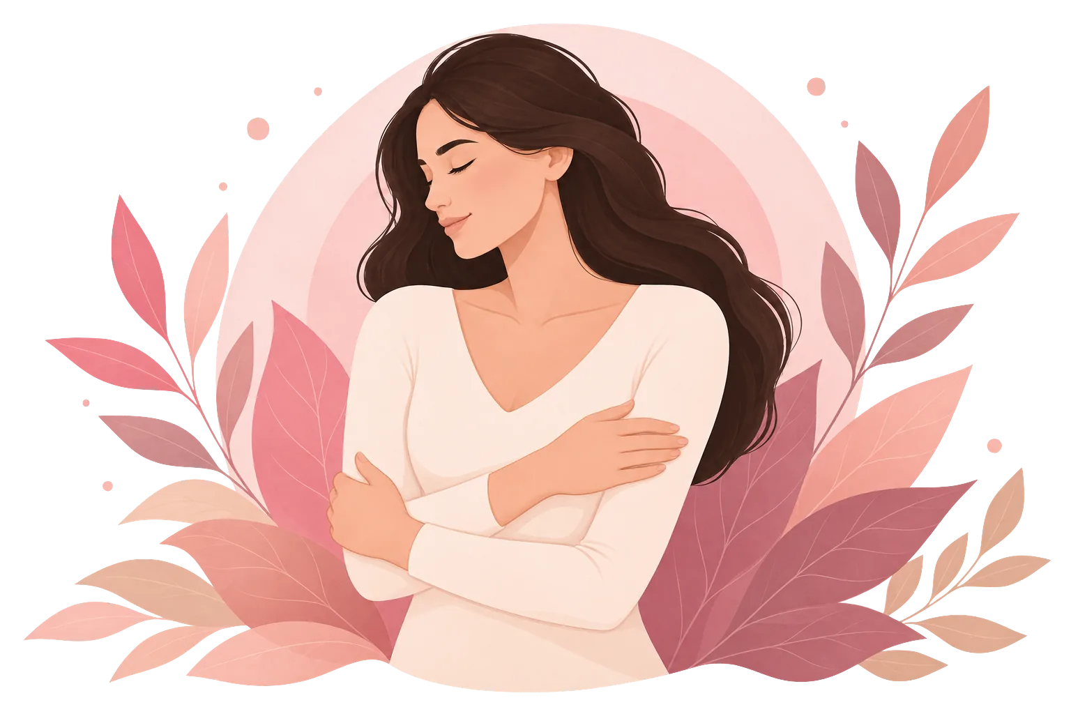 A calm woman surrounded by warm pink botanicals